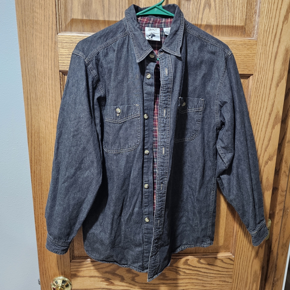 Denim Button-Up Shirt with Plaid Lining